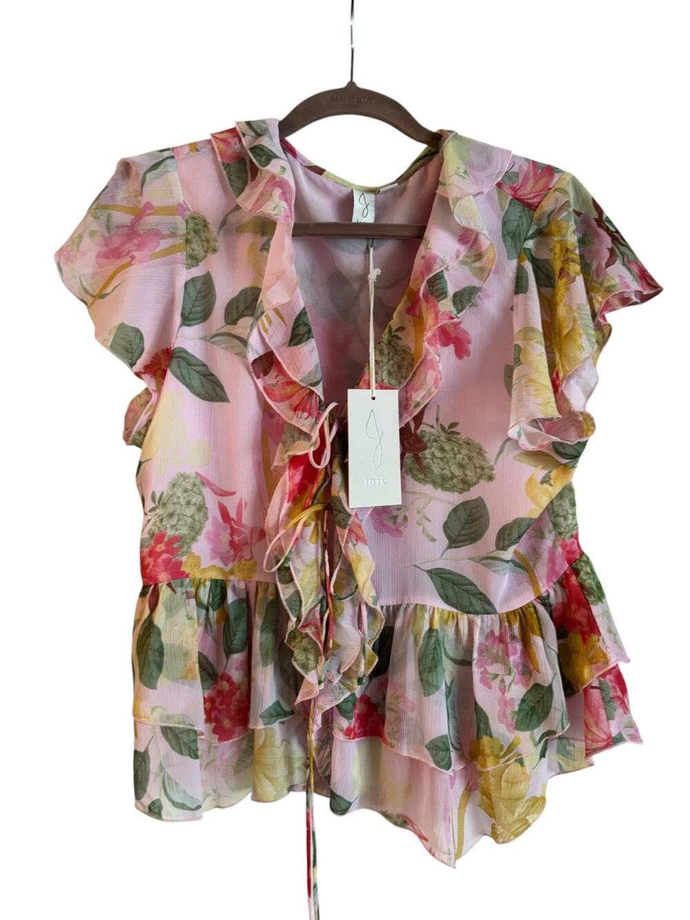 Joie Women’s Floral Ruffle Tie Cardigan Top Pink Feminine M NWT Short Sleeve
